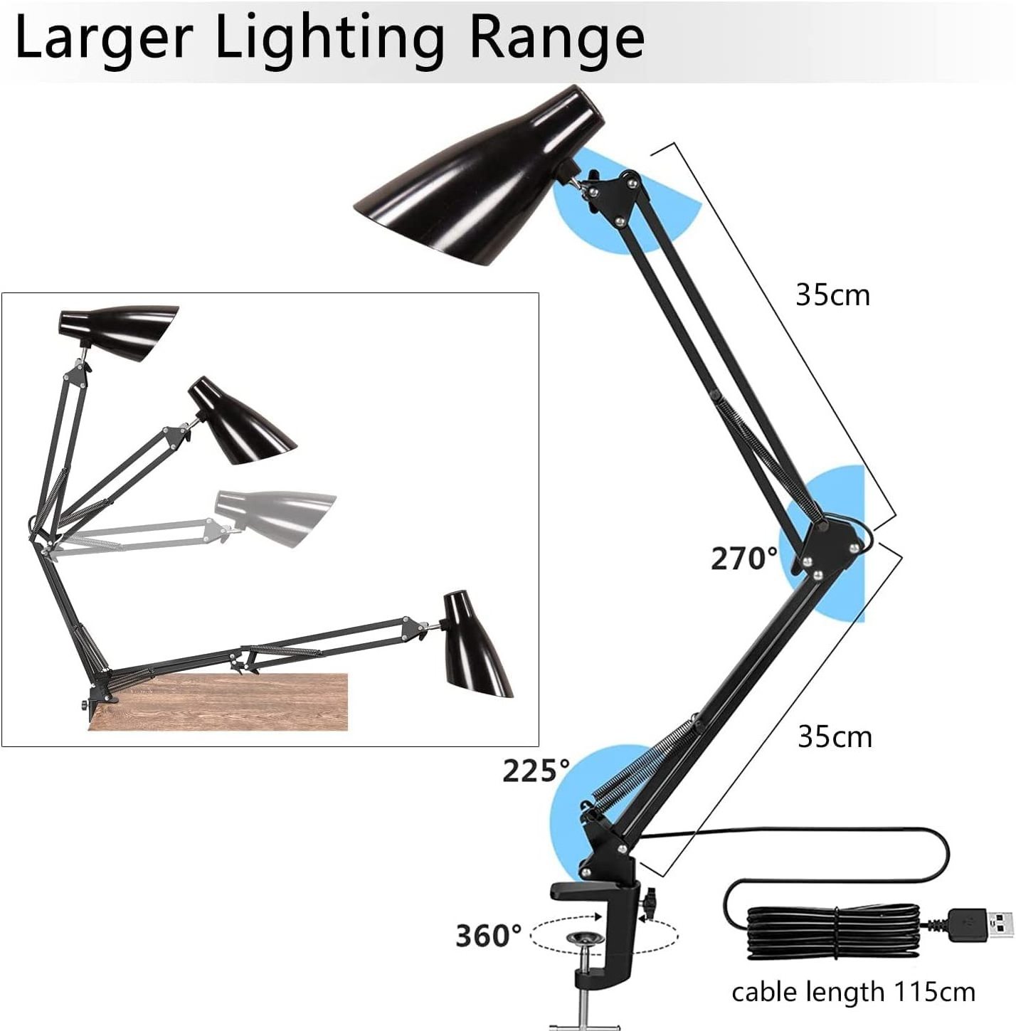 Vintage Desk Lamp LED Swing Arm Desk Lamp with Clamp Mount,Eye-Care Dimmable Office Light with 3 Brightness, USB Clip-on Table L