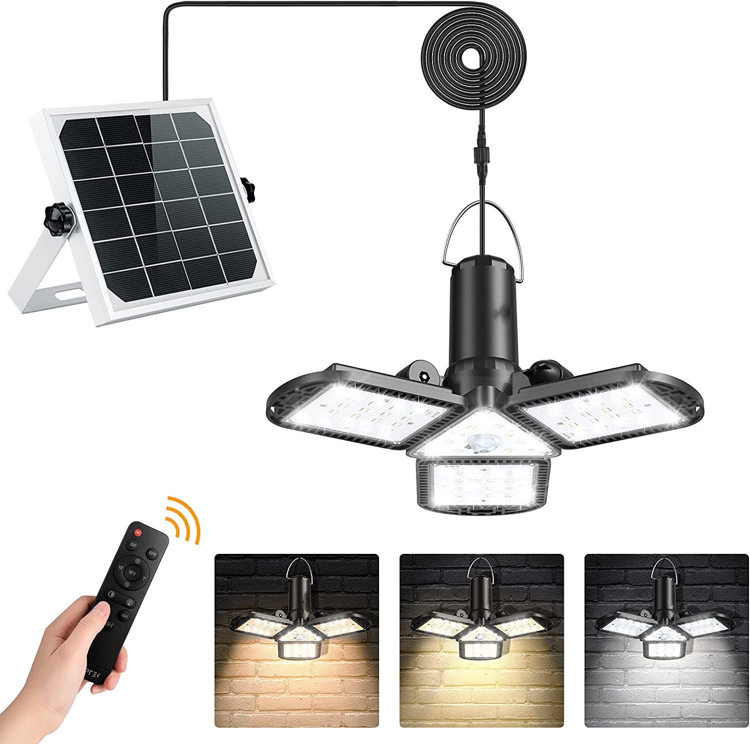 Solar LED Pendant Light with Remote Motion Sensor USB Powered Shed Light for Home Yard Barn Gazebo Patio Porch Storage Room