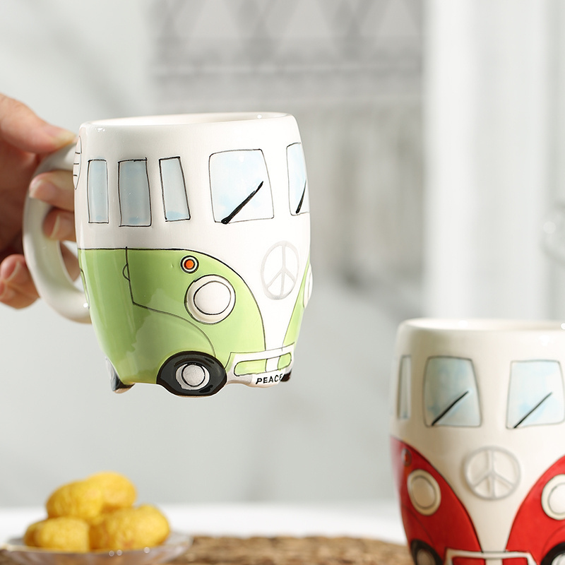 New design cartoon double bus mugs hand printing ceramic cups personalized mugs for gift