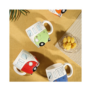 New design cartoon double bus mugs hand printing ceramic cups personalized mugs for gift