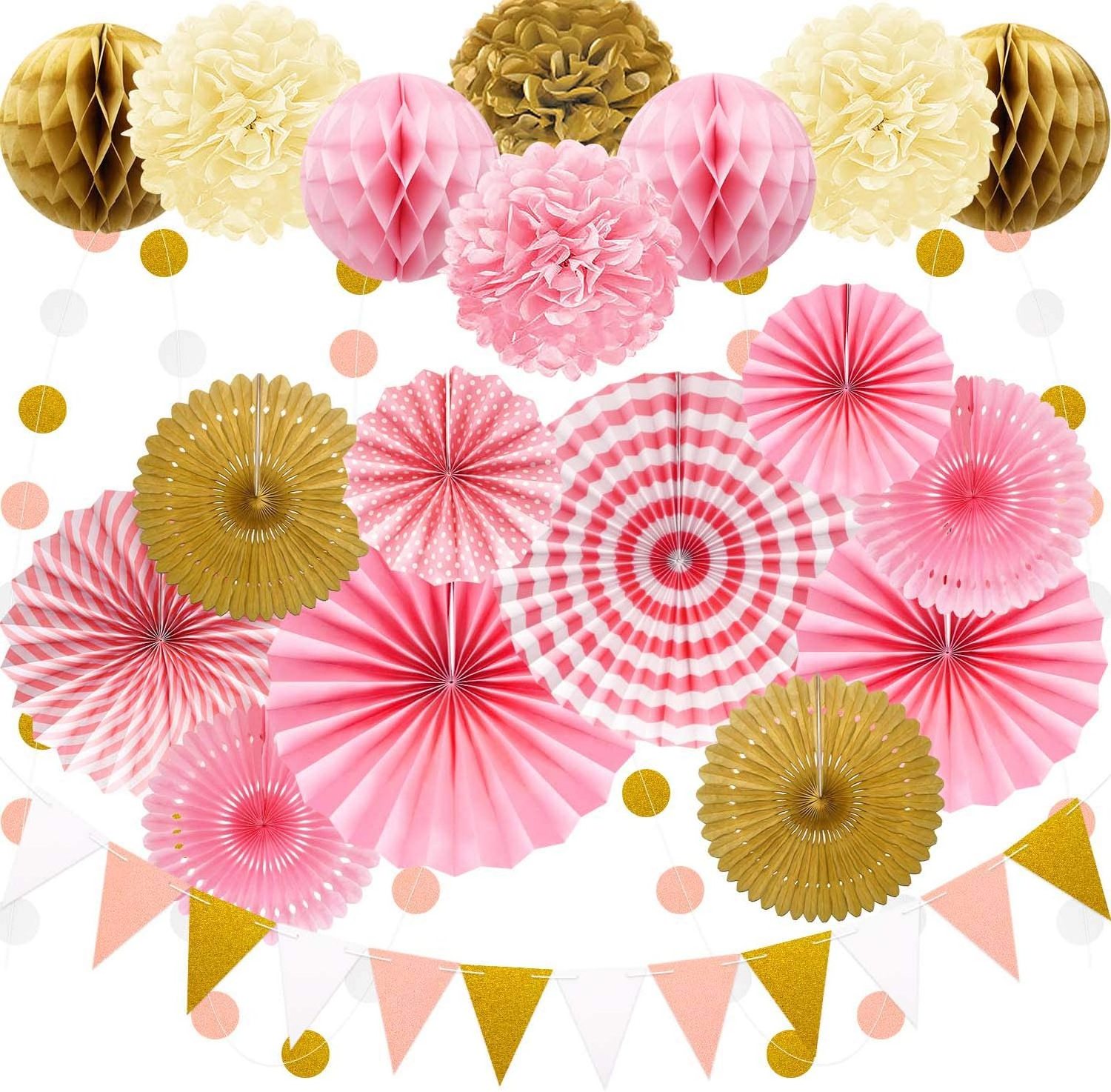 Party Decoration Pink and Gold Hanging Paper Fans Pom Poms Flowers GarlandsPolka Dot and Bunting Flags Luxury Party Decoration