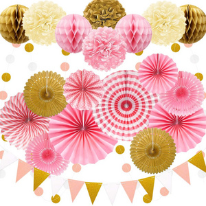 Party Decoration Pink and Gold Hanging Paper Fans Pom Poms Flowers GarlandsPolka Dot and Bunting Flags Luxury Party Decoration