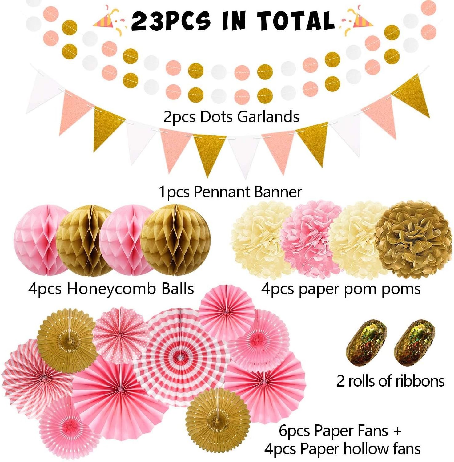 Party Decoration Pink and Gold Hanging Paper Fans Pom Poms Flowers GarlandsPolka Dot and Bunting Flags Luxury Party Decoration