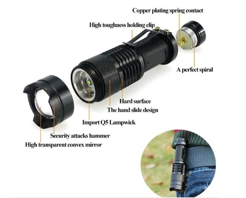 Mini zoomable 14500 battery super bright portable aluminum body Q5 creeled flashlight