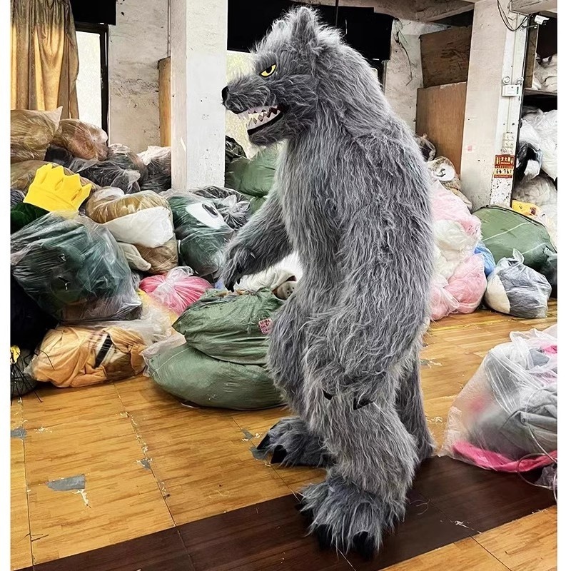 Big Grey Wolf Inflatable Doll Costume Simulation Wolf Cartoon Doll Costume Performance Long Hair Inflatable Costume