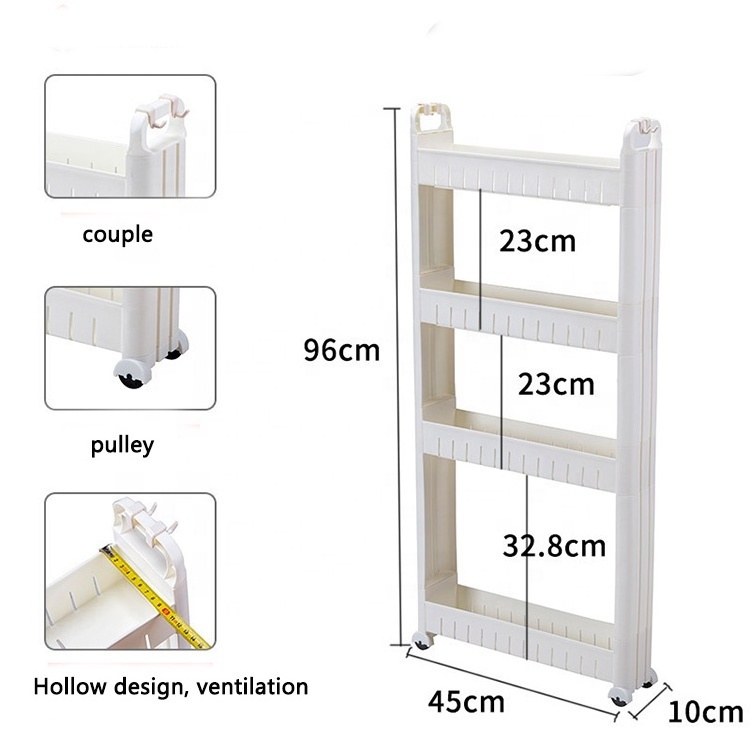 10cm Narrow Shelf Slide Out Plastic Storage Rack Shelves 4 Tier Slim Rolling Storage Cart with Wheel for Narrow Places