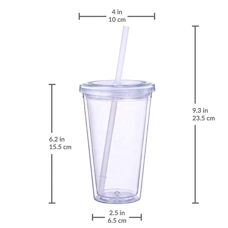 Classic Blank Plastic 16 oz Clear Drinking Tumbler Insulated Double Wall Tumbler Cup with Lid and Reusable Straw