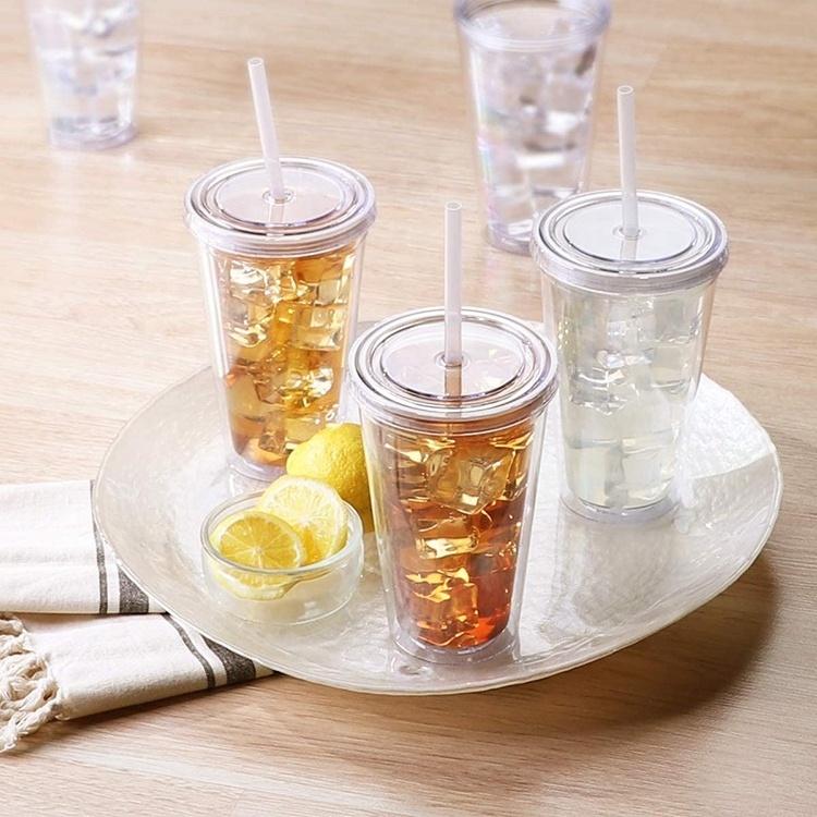 Classic Blank Plastic 16 oz Clear Drinking Tumbler Insulated Double Wall Tumbler Cup with Lid and Reusable Straw