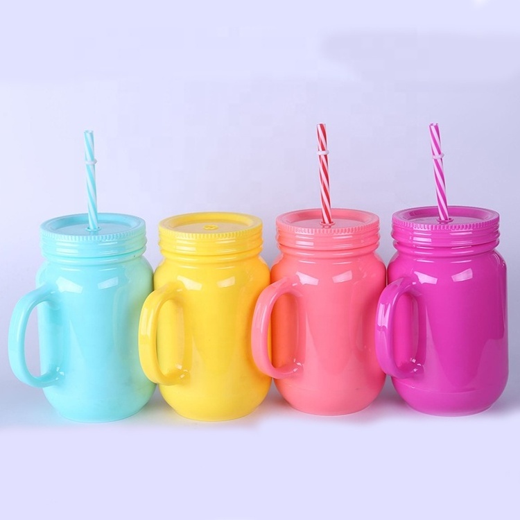 16 oz Multi Colored Double Wall Plastic Retro Look Mason Jar With Handle and Reusable Straw