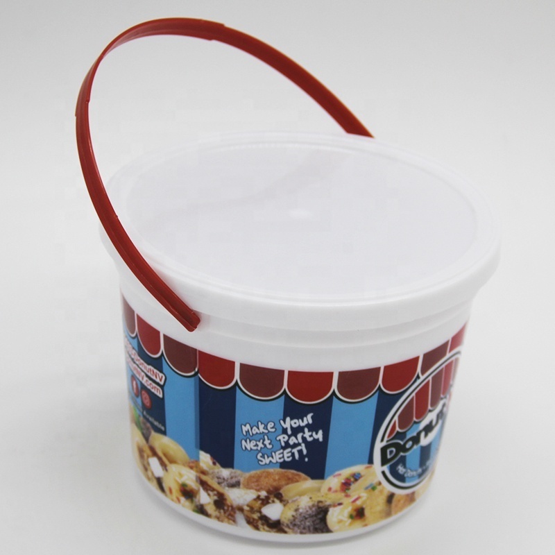 Reusable Candy Tubs Custom Logo 48oz Cookies Jar Plastic Snack Buckets with handle