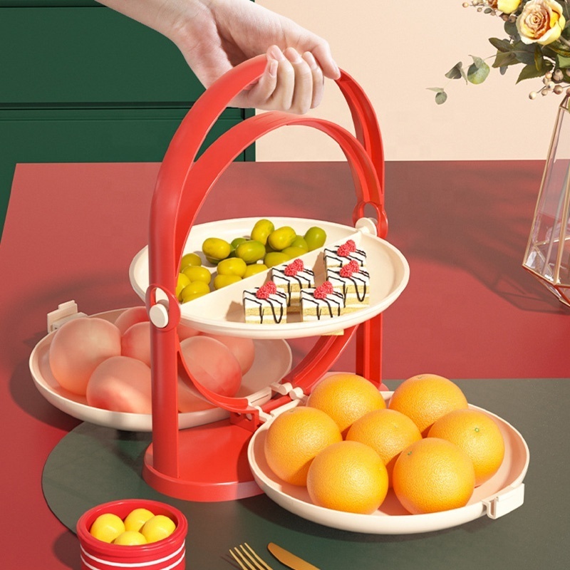 New Design Plastic Folding Double layer Fruit Plate Creative Acrylic Multi Sectional Snack Serving Tray with Handle