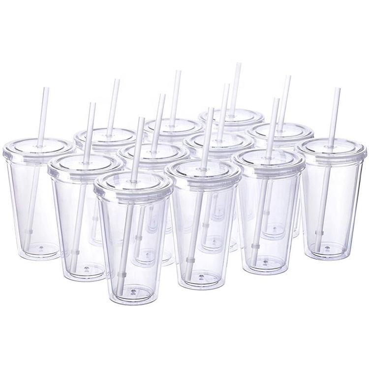 Classic Blank Plastic 16 oz Clear Drinking Tumbler Insulated Double Wall Tumbler Cup with Lid and Reusable Straw