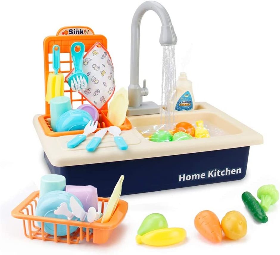 Play Sink with Running Water Pretend Role Play Kitchen Toys Set with Faucet Play Kitchen Toy Sink Electronic Dishwasher For Kid