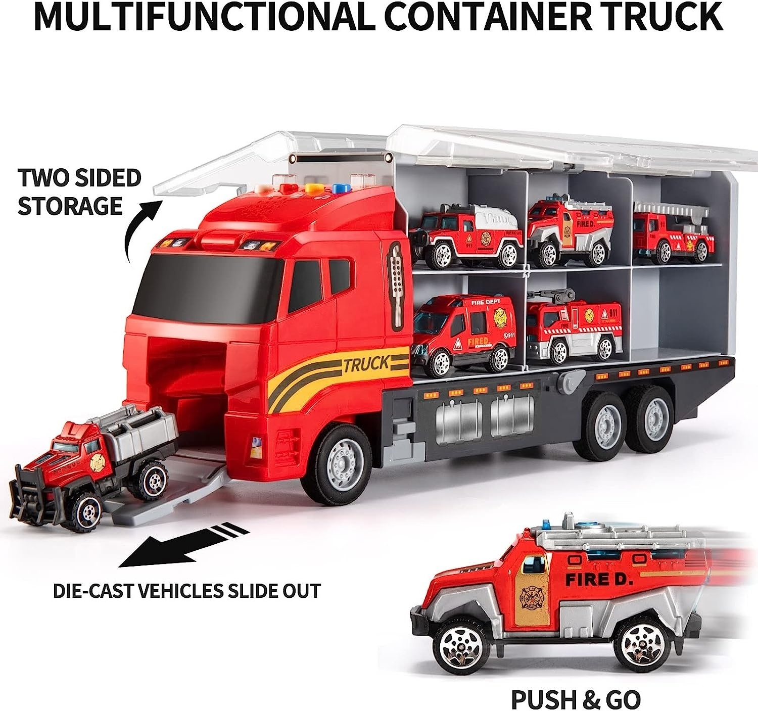 Storage Truck Toddler Toys for 3-9 Years Old Boys Die-cast Emergency Fire Rescue Vehicle Double Side Transport Car Toy