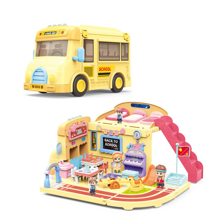 Pretend Play Doll House School Set School Bus Mini Scene  Inertia Vehicle with Sound and Music Doll House Toy for Children