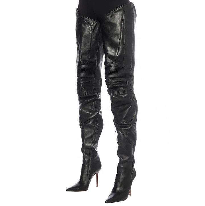 New Fashion Ladies Black Leather Women's Boots High Quality Ladies Pointed Toe Over-the-Knee Boots