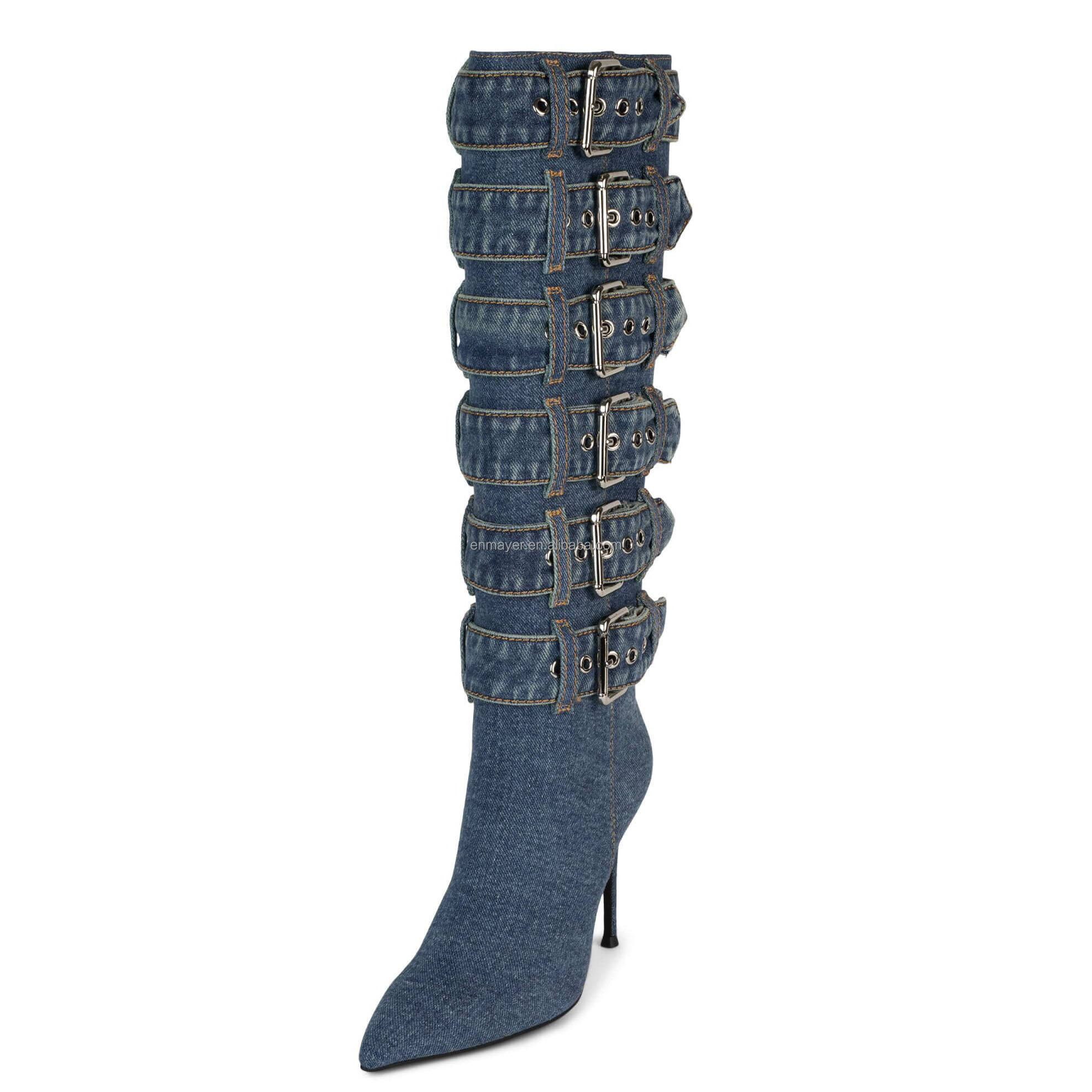 ENMAYER New Collection Denim Boots Knee High Thigh High Boots Sexy Super Buckle Pointed Toe Shoes Women Ankle Boots