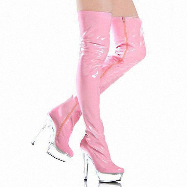 Women Winter 6 Inch High Heel Thigh 15CM Shoes Over The Knee Strappy Boots Pink Fetish Pole Dance Gothic For Thin Legs Platform