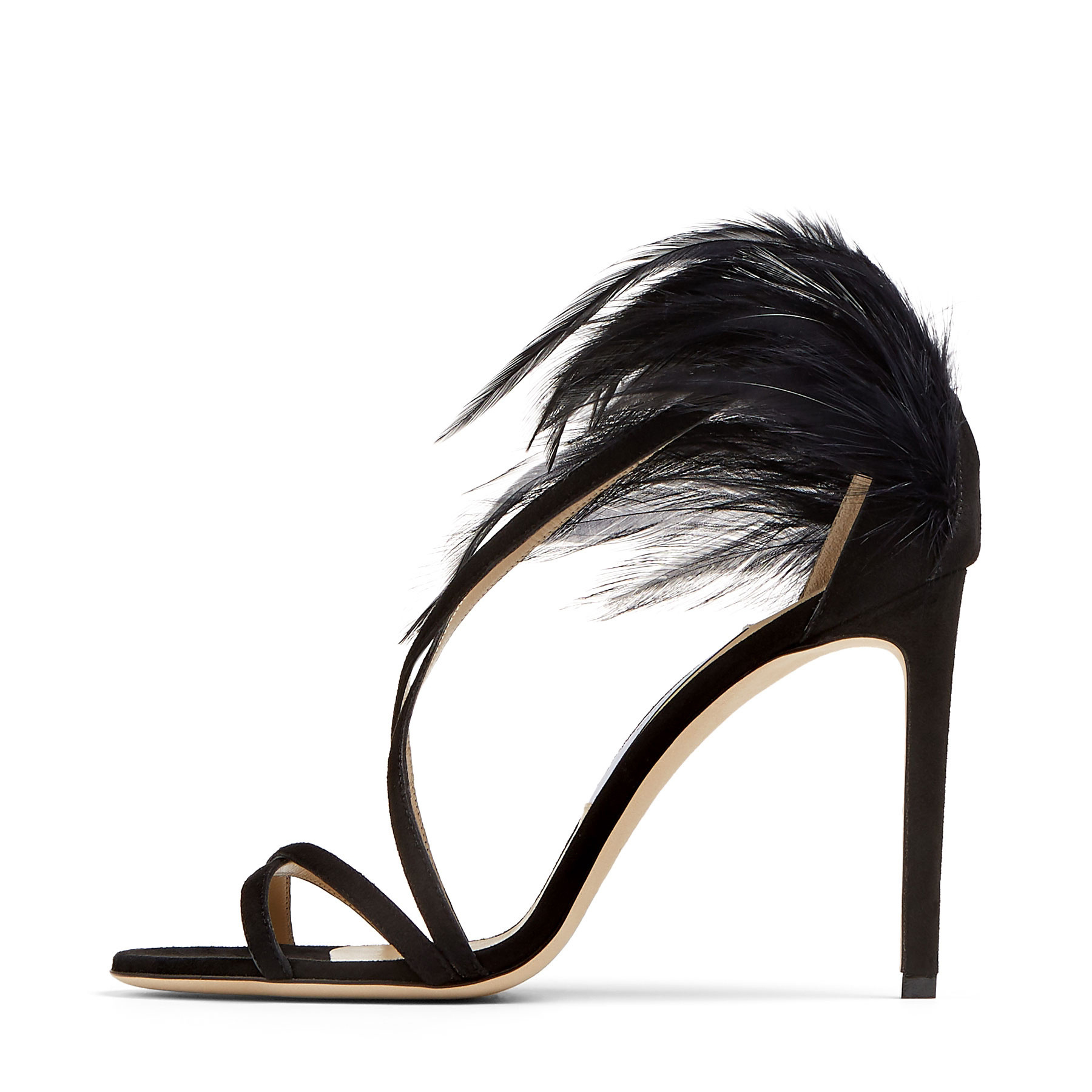 Enmayer Shoes Ostrich Feather Black Suede Women Sandals Ankle Crossover Strap Open toe stripy Sandals For Women And Ladies