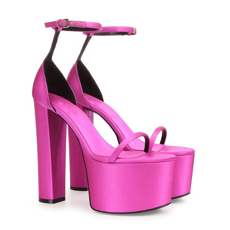 Designer platform pumps Enmayer handmade fashion girls hot pink satin chunky heel open toe platform sandals