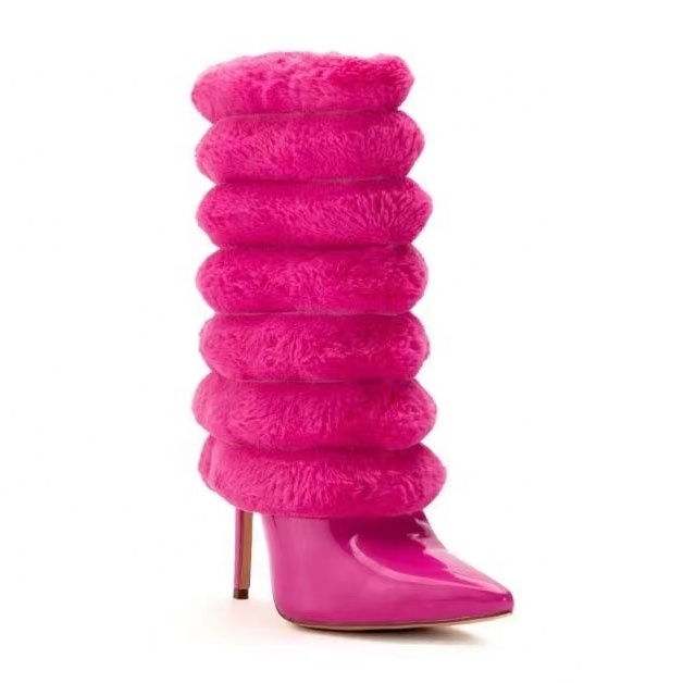 Enmayer party boots 2023 hot sale hot pink puffy fur stiletto heels ankle boots sexy platform shoes custom warm knee boots