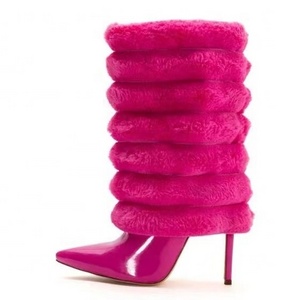 Enmayer party boots 2023 hot sale hot pink puffy fur stiletto heels ankle boots sexy platform shoes custom warm knee boots