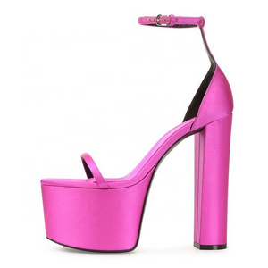 Designer platform pumps Enmayer handmade fashion girls hot pink satin chunky heel open toe platform sandals