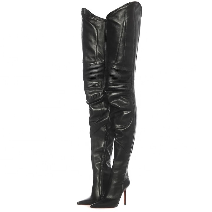 New Fashion Ladies Black Leather Women's Boots High Quality Ladies Pointed Toe Over-the-Knee Boots