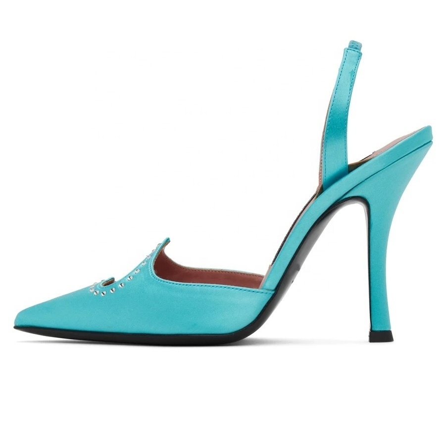 Blue satin diamond heeled sandals famous designer summer slingbacks shoes sexy pointed toe ladies pumps