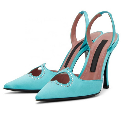 Blue satin diamond heeled sandals famous designer summer slingbacks shoes sexy pointed toe ladies pumps