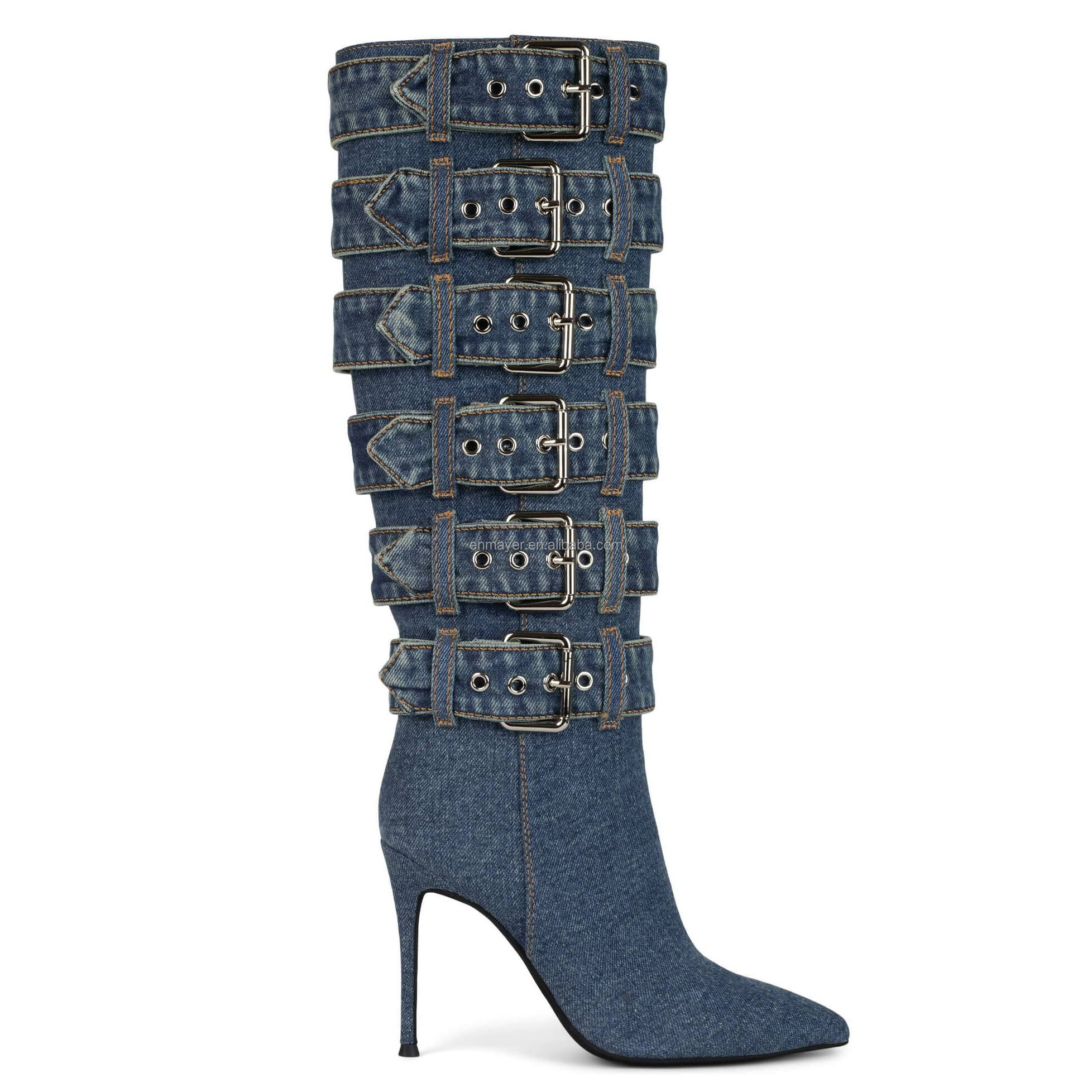 ENMAYER New Collection Denim Boots Knee High Thigh High Boots Sexy Super Buckle Pointed Toe Shoes Women Ankle Boots