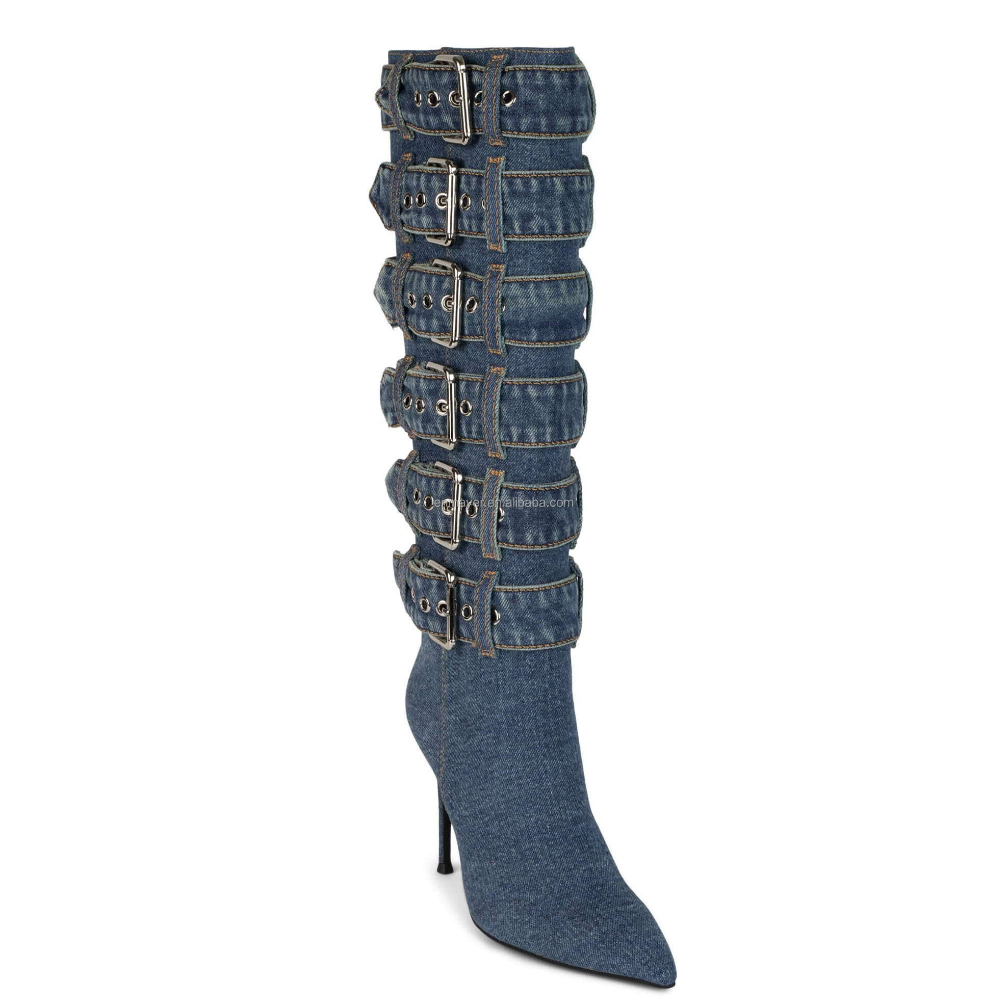 ENMAYER New Collection Denim Boots Knee High Thigh High Boots Sexy Super Buckle Pointed Toe Shoes Women Ankle Boots