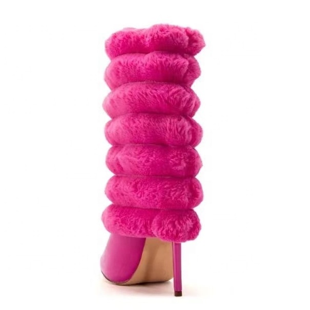 Enmayer party boots 2023 hot sale hot pink puffy fur stiletto heels ankle boots sexy platform shoes custom warm knee boots