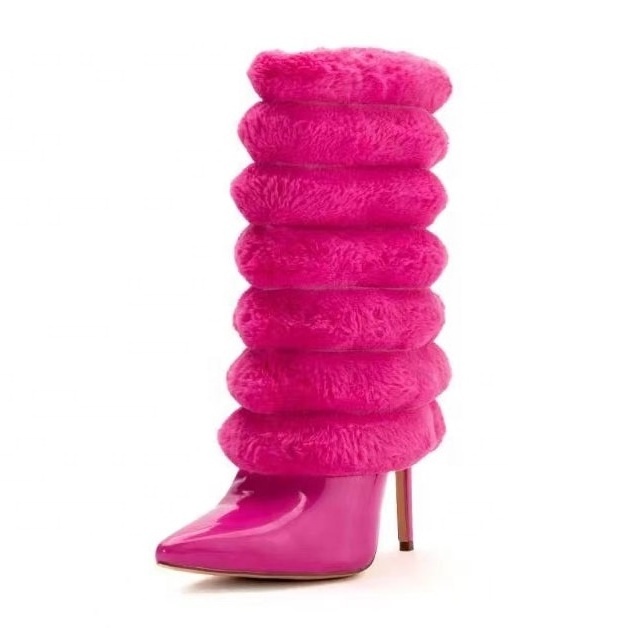 Enmayer party boots 2023 hot sale hot pink puffy fur stiletto heels ankle boots sexy platform shoes custom warm knee boots