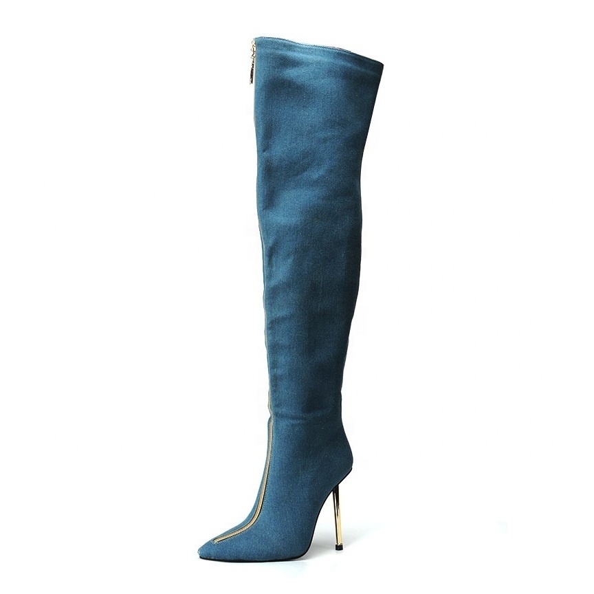 Cowboy boots 2020 autumn women's shoes custom pointed toe over the knee boots hot selling denim women's thigh high boots