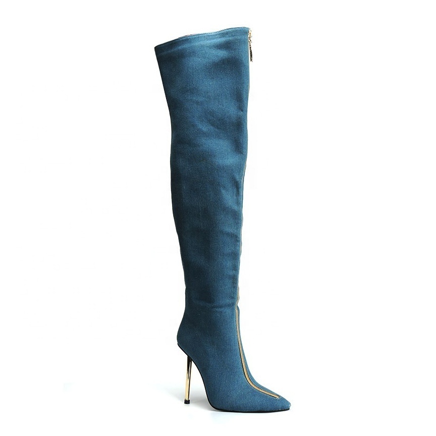 Cowboy boots 2020 autumn women's shoes custom pointed toe over the knee boots hot selling denim women's thigh high boots