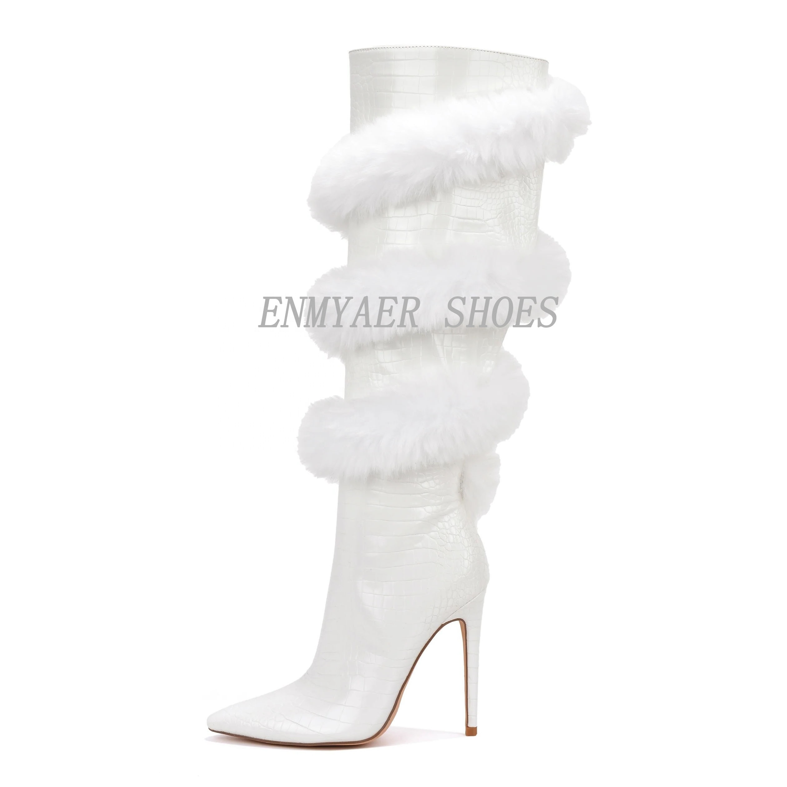 New Fashion Women Boots Designer Pointed Toe Leather Knee Boots Sexy Winter Fur Over The Knee Boots