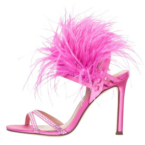 New fashion ladies feather sandals summer hot sale pink satin high heels custom sexy diamond dress shoes 2021 open toe sandals