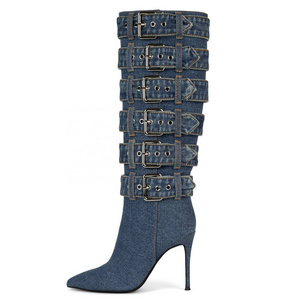 ENMAYER New Collection Denim Boots Knee High Thigh High Boots Sexy Super Buckle Pointed Toe Shoes Women Ankle Boots