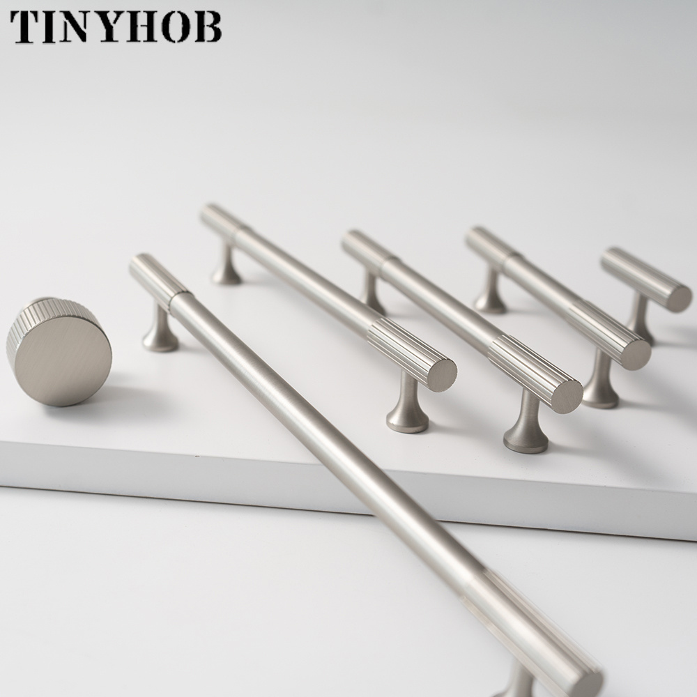 Satin Nickel Solid Brass Cabinet Handle and Knob Linear Knurled Solid Brass Drawer Knobs T Bar Bedroom Kitchen Handle C-3708