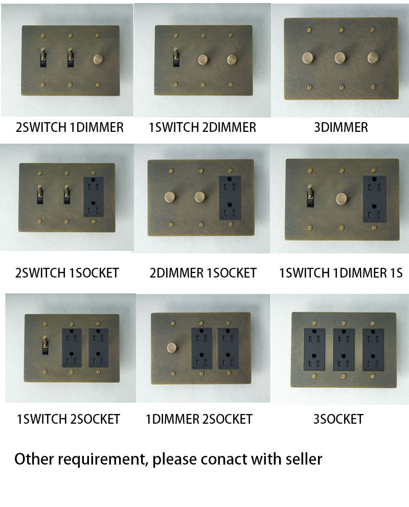 Customized Brass Knulred Toggle Switch Green Bronze DIY Retro Bronze Brass Plate 110V American Standard 3Gang Pull Switch Socket