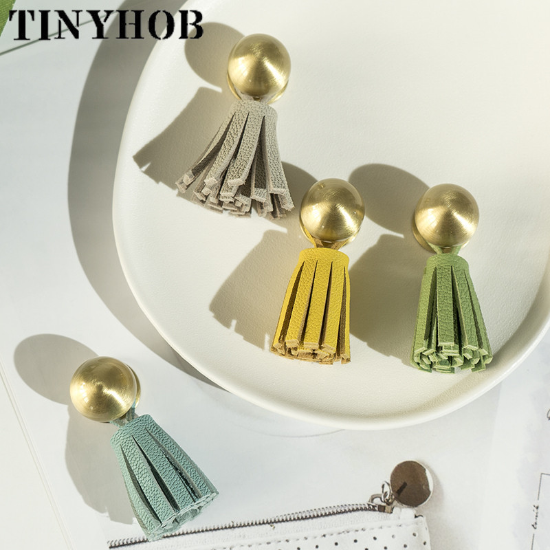 7 Colors Cute Leather Tassel Knob for Kids Room Brass Dresser Drawer Pulls Handles Cabinet Door Decor Handle Pink Pull C-2755-2