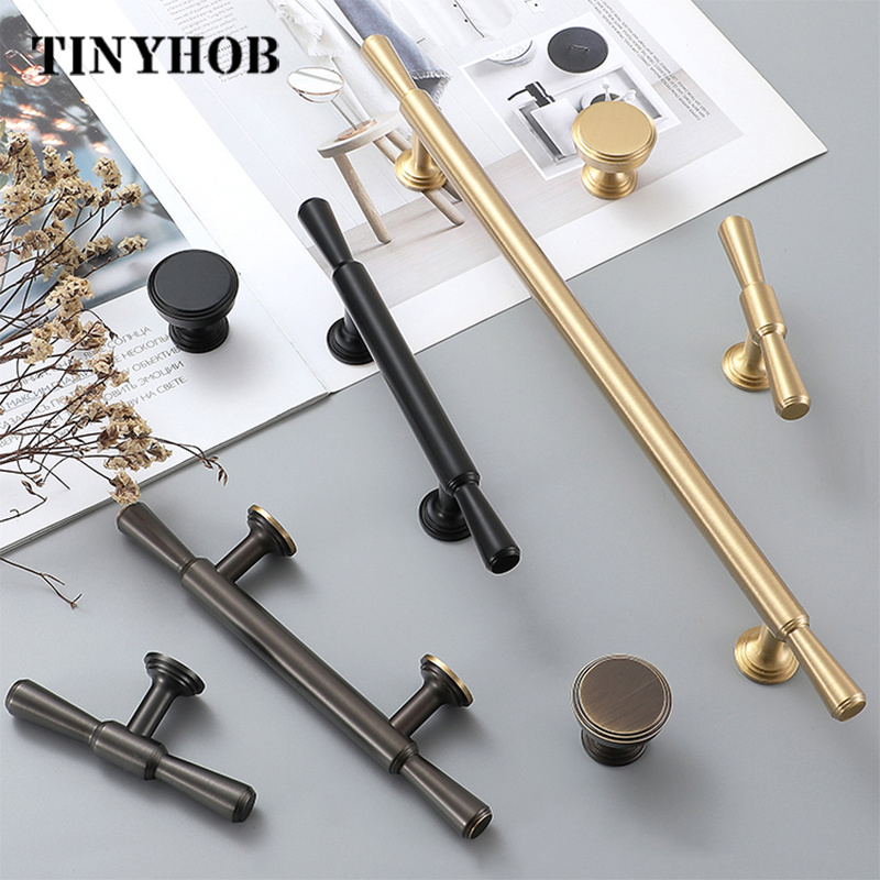 Nordic Polished Gold Solid brass Knob T Bar Handles Longer Drawer Pulls Kitchen Cabinet Handles Furniture Hardware C-1590