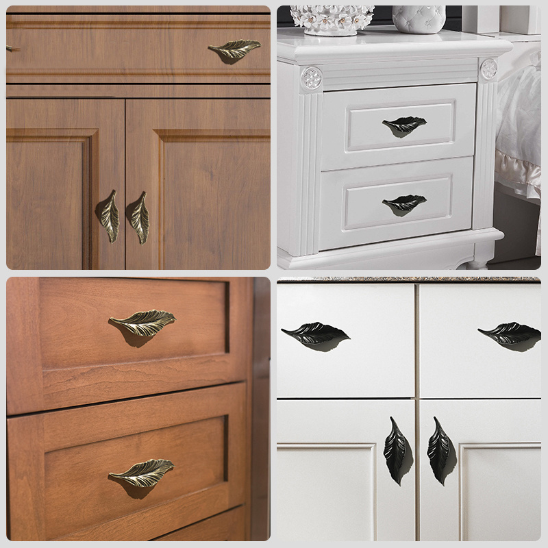 Creative Leaves Kitchen Cabinet Handles Black Bronze Drawer Knobs Leaves Shape Wardrobe Handles Zinc Alloy Screw Eclectic