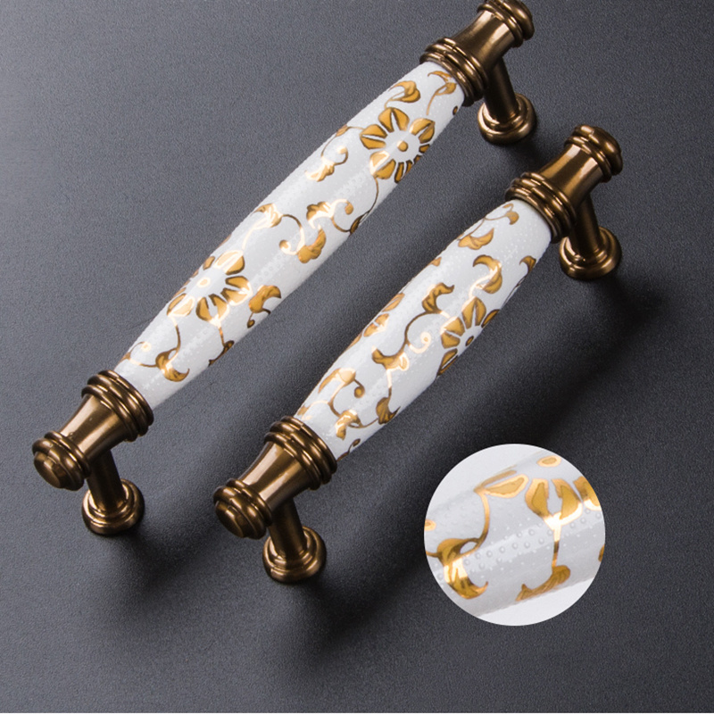 Gold Ceramic Door Handles European Antique Furniture Handles Drawer Pulls Kitchen Cabinet Knobs and Handles CZ-2126