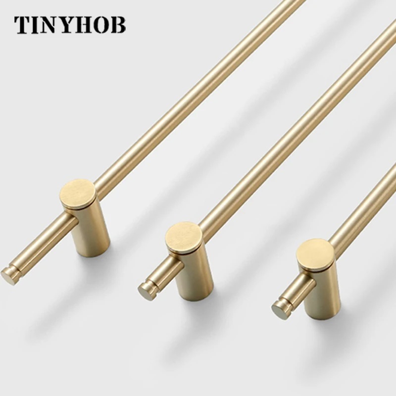 Wholesale Solid Brass Cabinet Knobs And Handles Cupboard Wardrobe Drawer Knobs Satin Brass Long Handles  C-2281