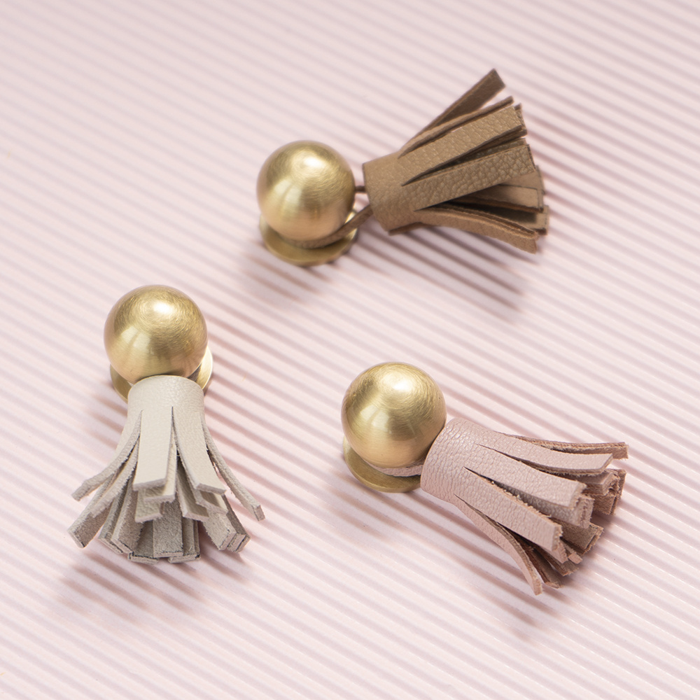 7 Colors Cute Leather Tassel Knob for Kids Room Brass Dresser Drawer Pulls Handles Cabinet Door Decor Handle Pink Pull C-2755-2