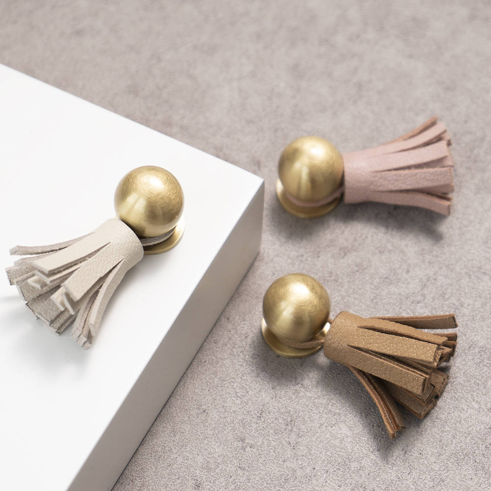 7 Colors Cute Leather Tassel Knob for Kids Room Brass Dresser Drawer Pulls Handles Cabinet Door Decor Handle Pink Pull C-2755-2