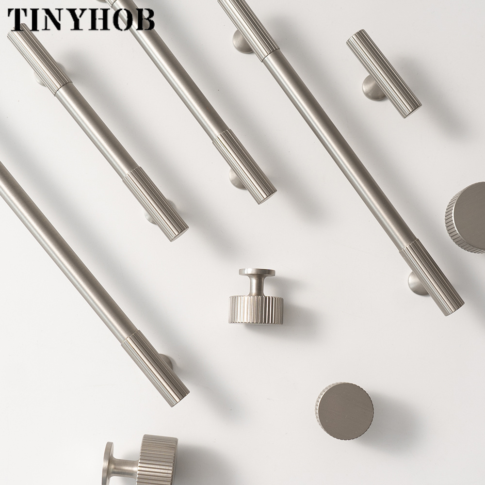 Satin Nickel Solid Brass Cabinet Handle and Knob Linear Knurled Solid Brass Drawer Knobs T Bar Bedroom Kitchen Handle C-3708