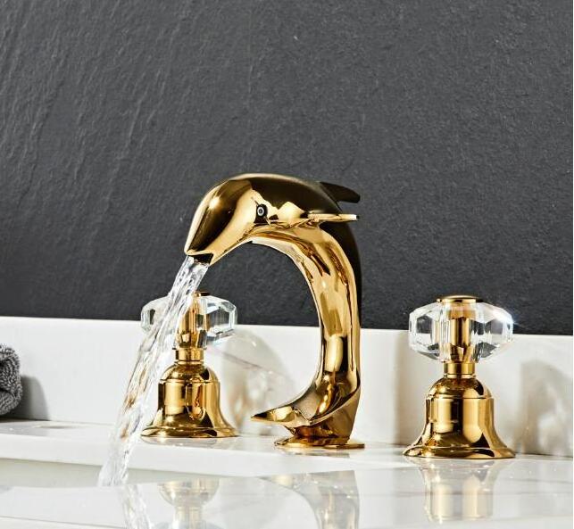 Luxury 3pcs Brass Golden Dolphin Bathroom Sink Faucets 3 Hole 2 Handle Wash Hand Basin Tap